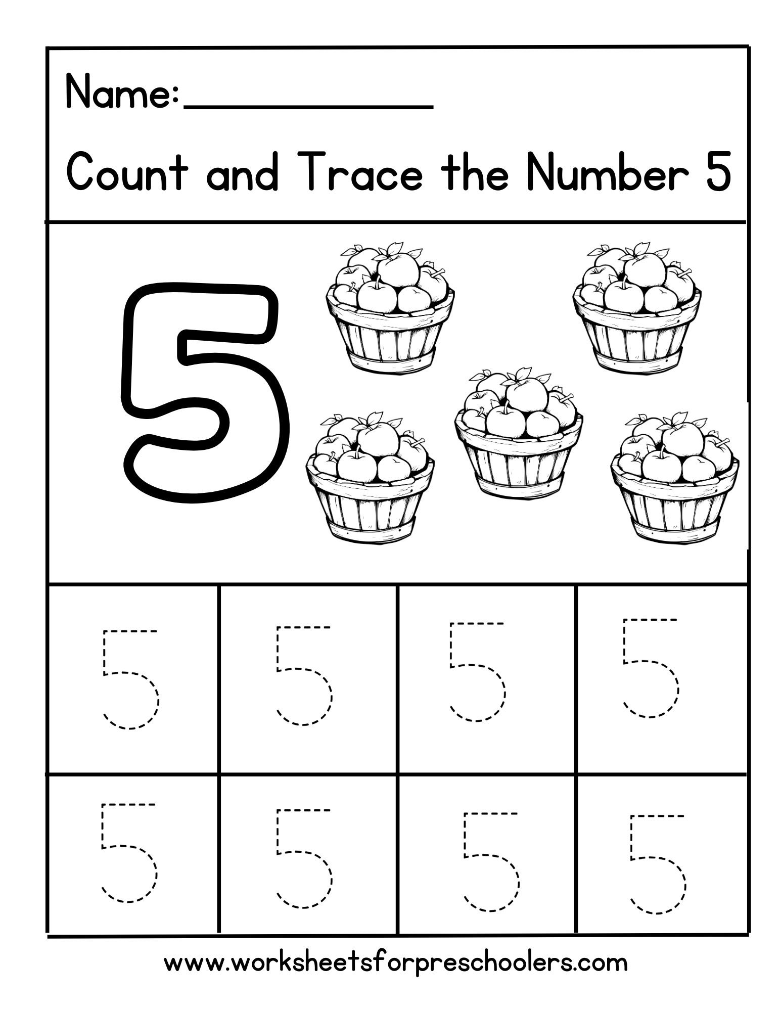 Apple Theme Tracing Number 5 Worksheet Preschool