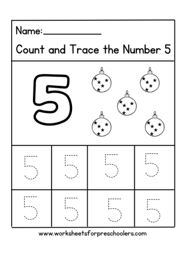 Tracing Number 5 for Christmas decorations worksheet