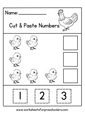 Chicks Cut and Paste Numbers Worksheets