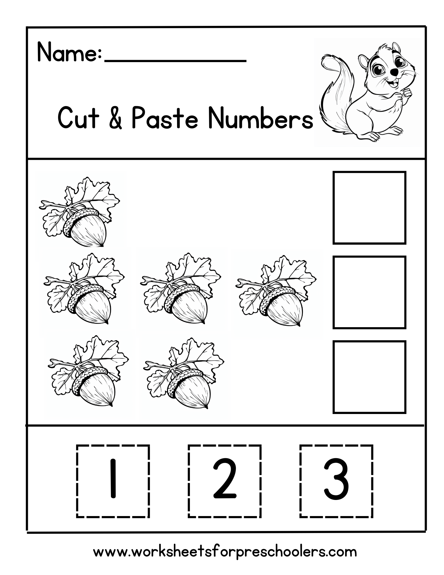 Squirrel and acorns Cut and Paste Numbers Worksheets