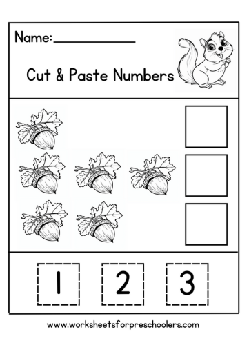 Squirrel Cut and Paste Numbers Worksheet
