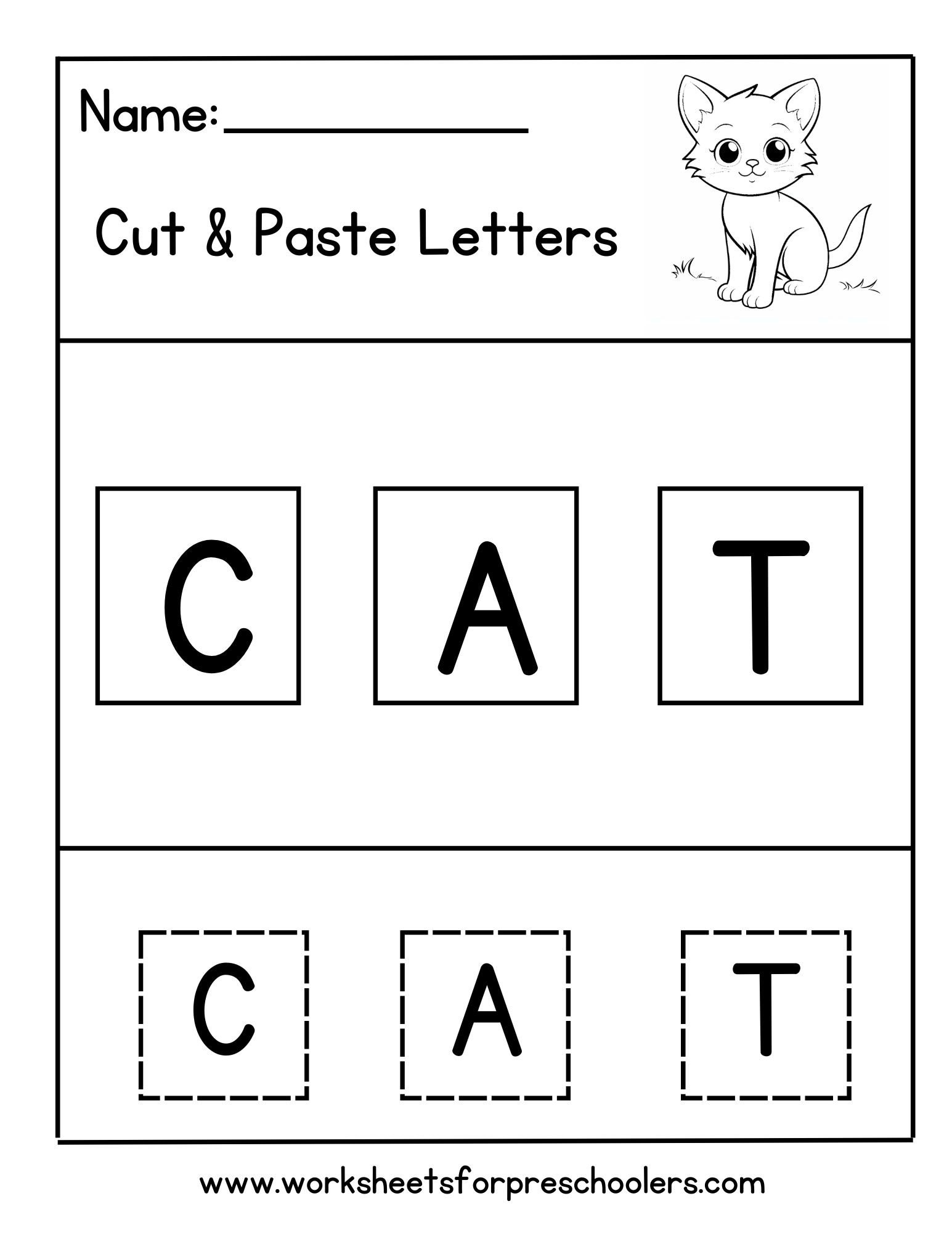 Cut and Paste Cat Sight Word Worksheets for Preschool