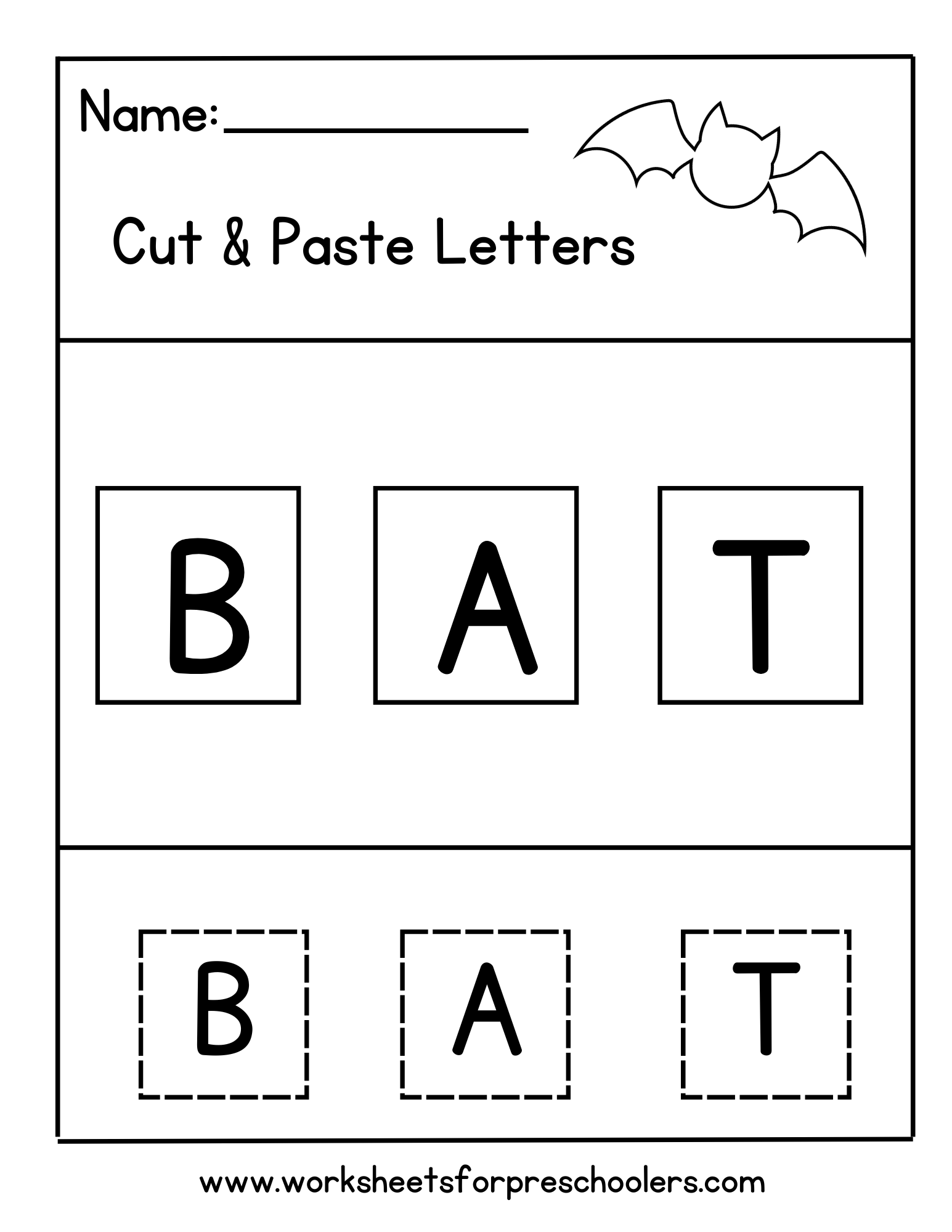 Cut and Paste Bat Sight Word Worksheets for Preschool