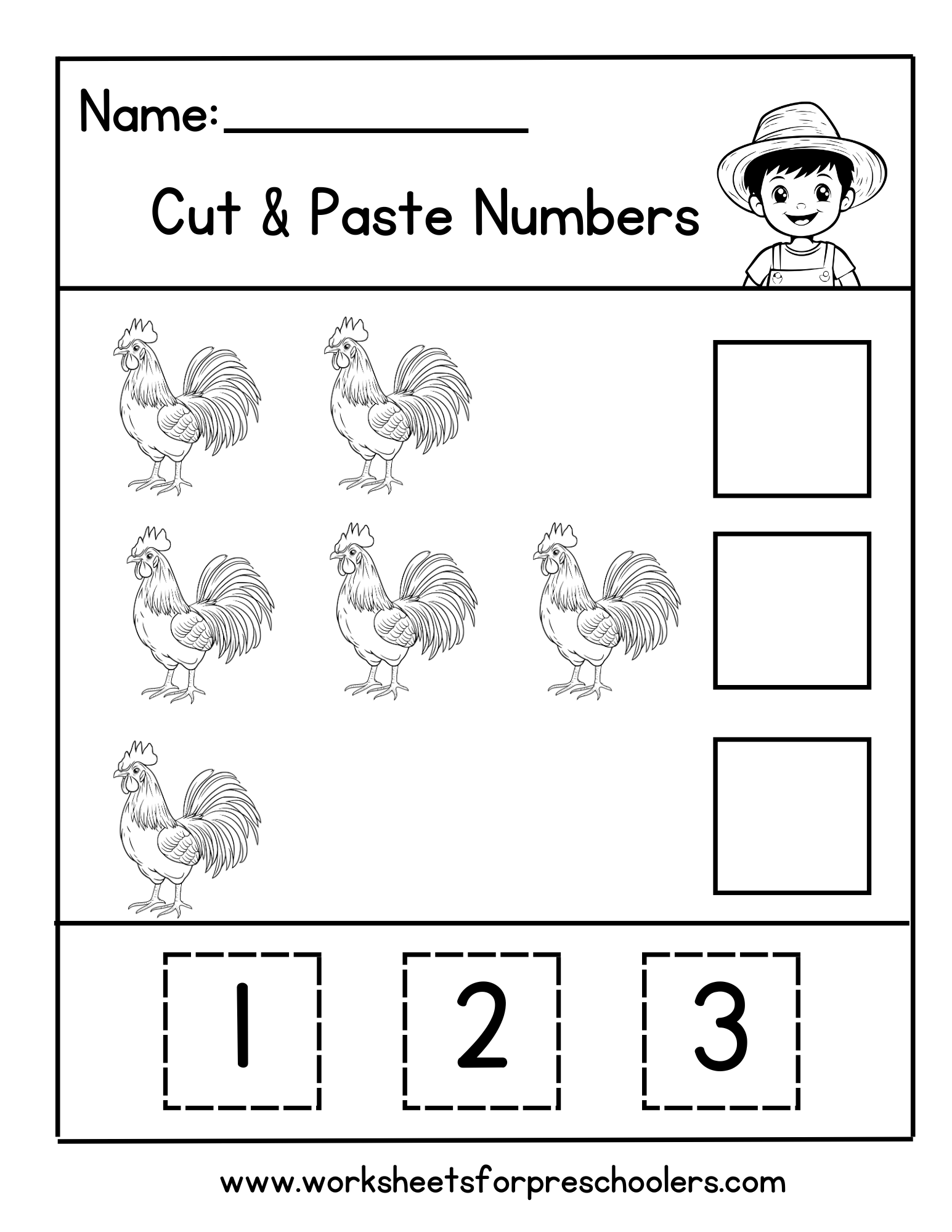 Cut and Paste Rooster Math Worksheet 