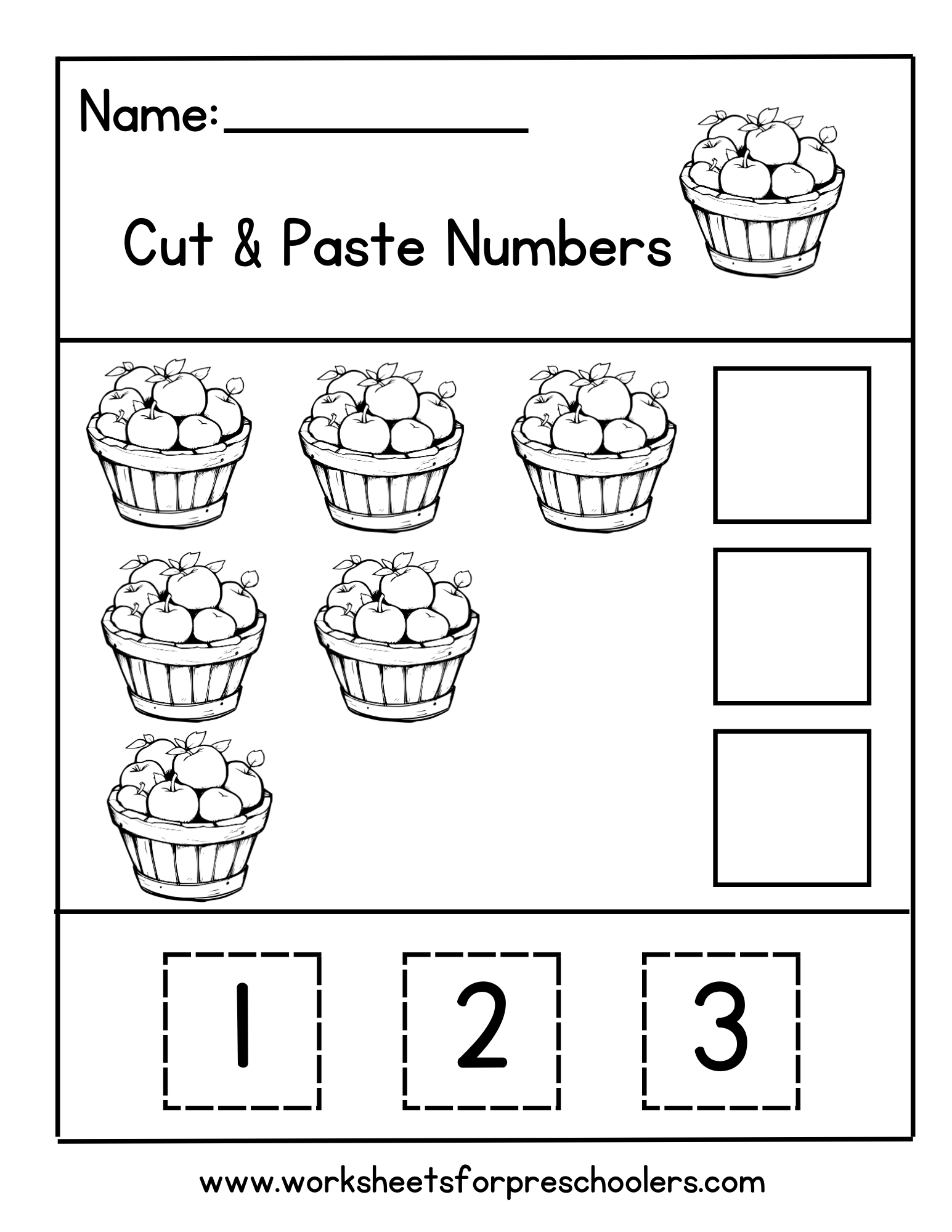 Apple Basket Cut and Paste Number Worksheet