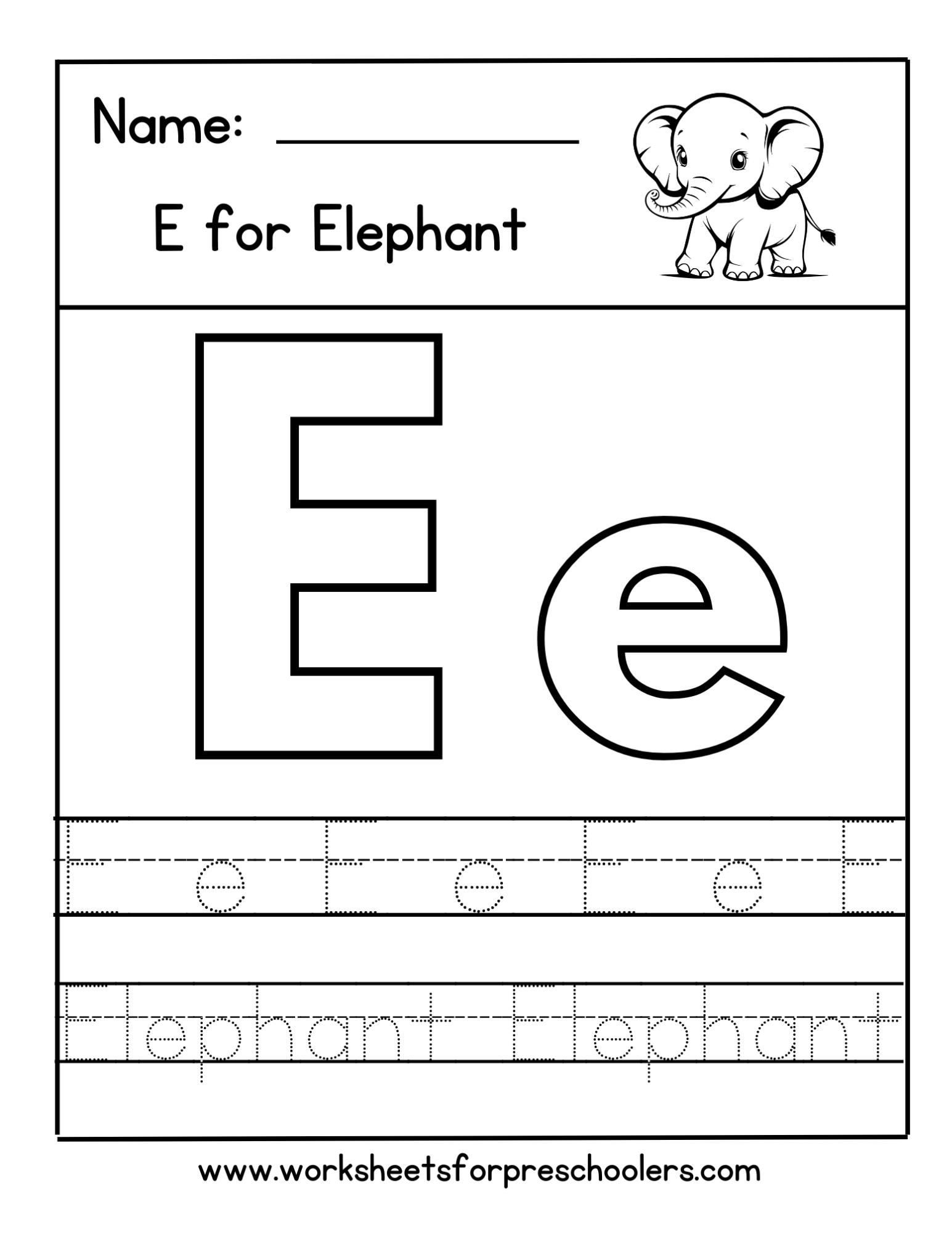 E for Elephant Letter Tracing Worksheet