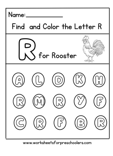 Find and Color Letter R for Rooster  Workshee