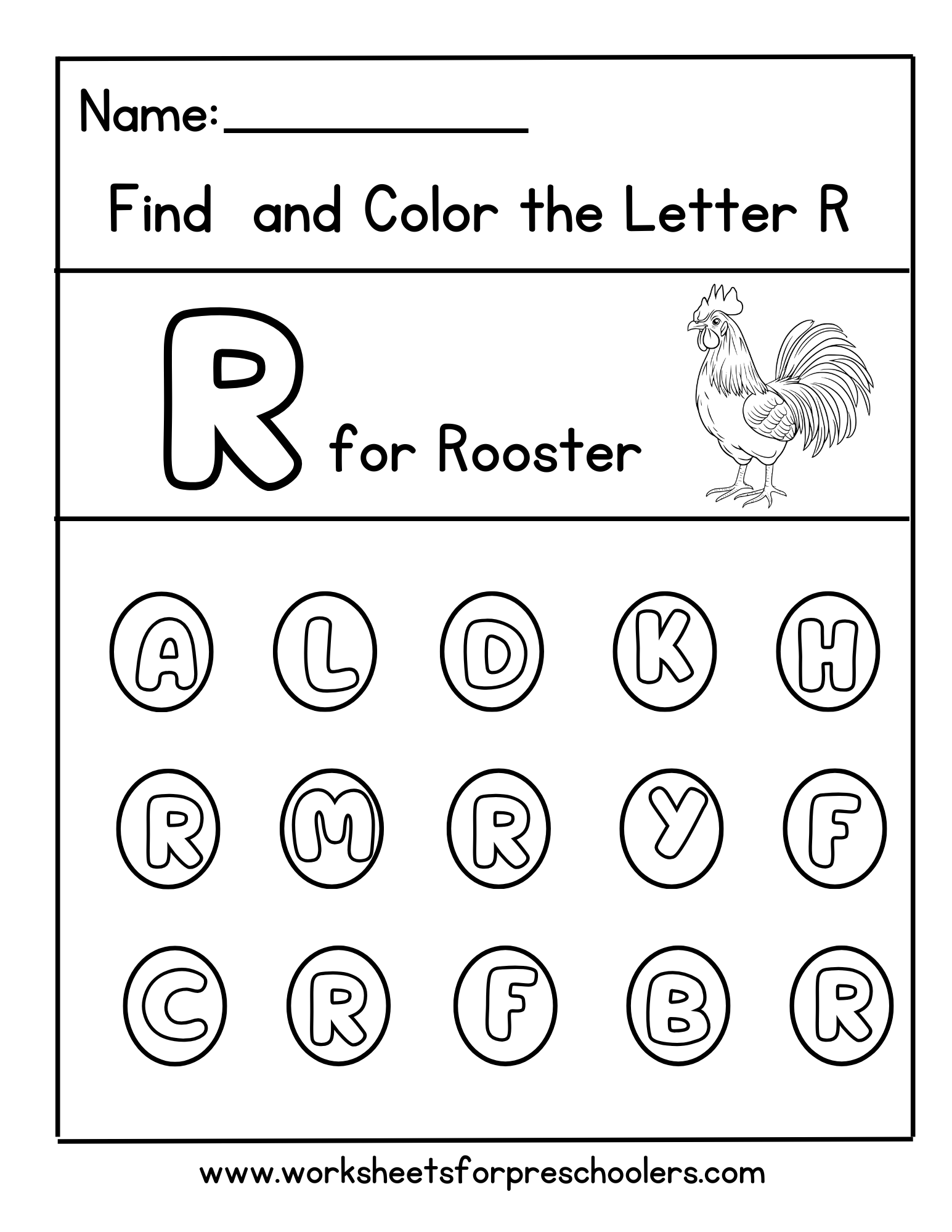 Find and Color Letter R for Rooster Worksheet