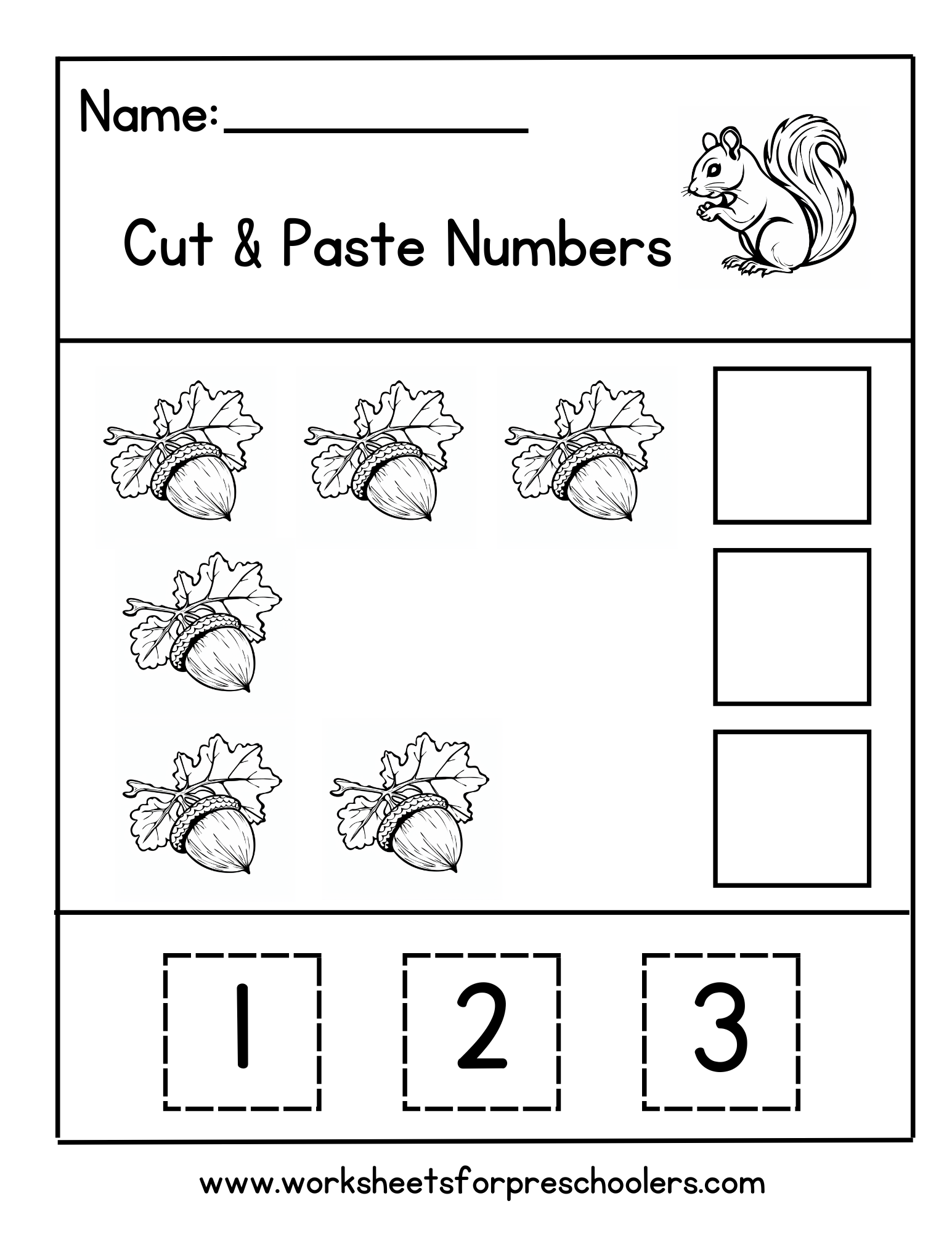 Cut and Paste Math Worksheet Fall Theme Preschool squirrel and acorns