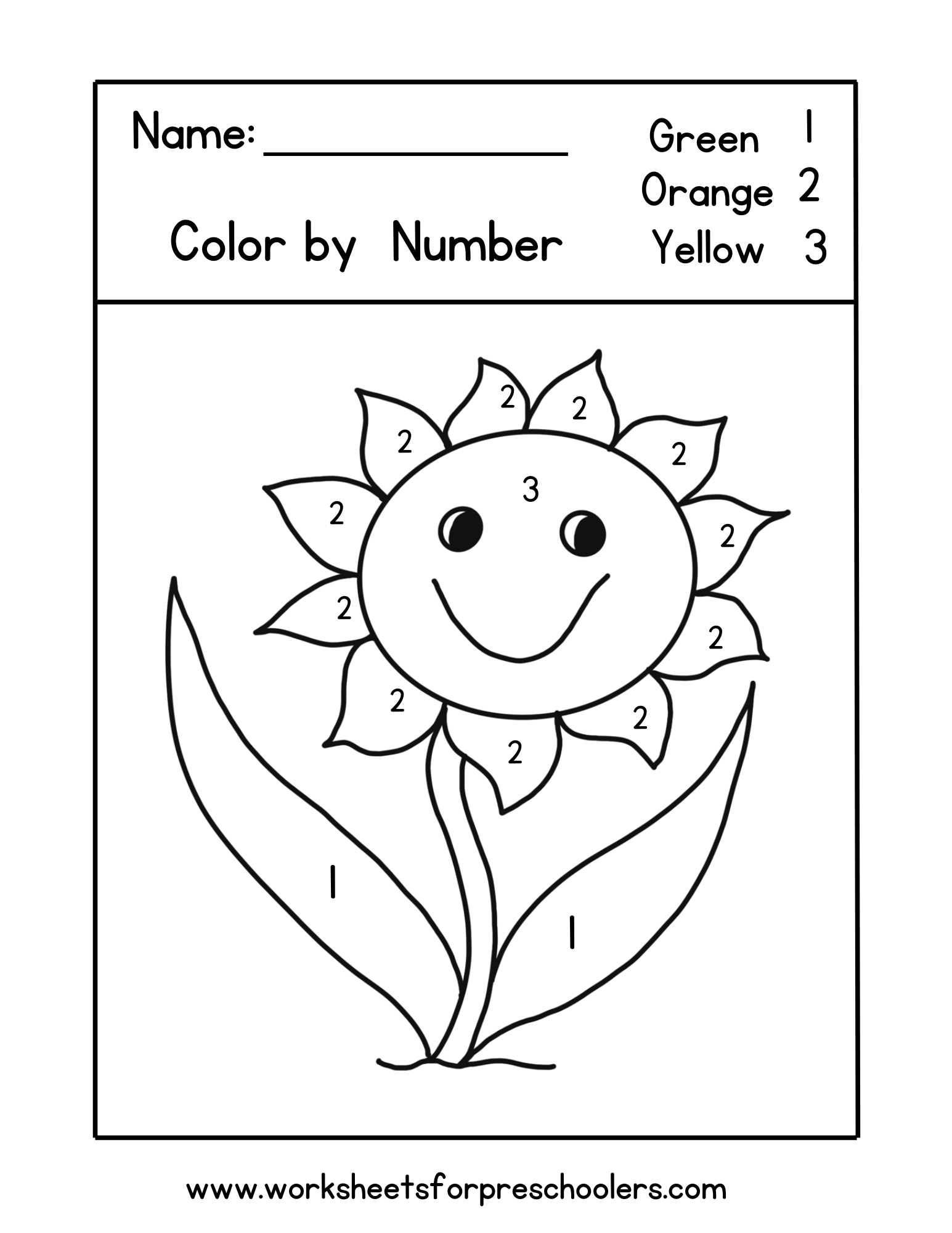 Sunflower Color By Number Worksheet Preschool