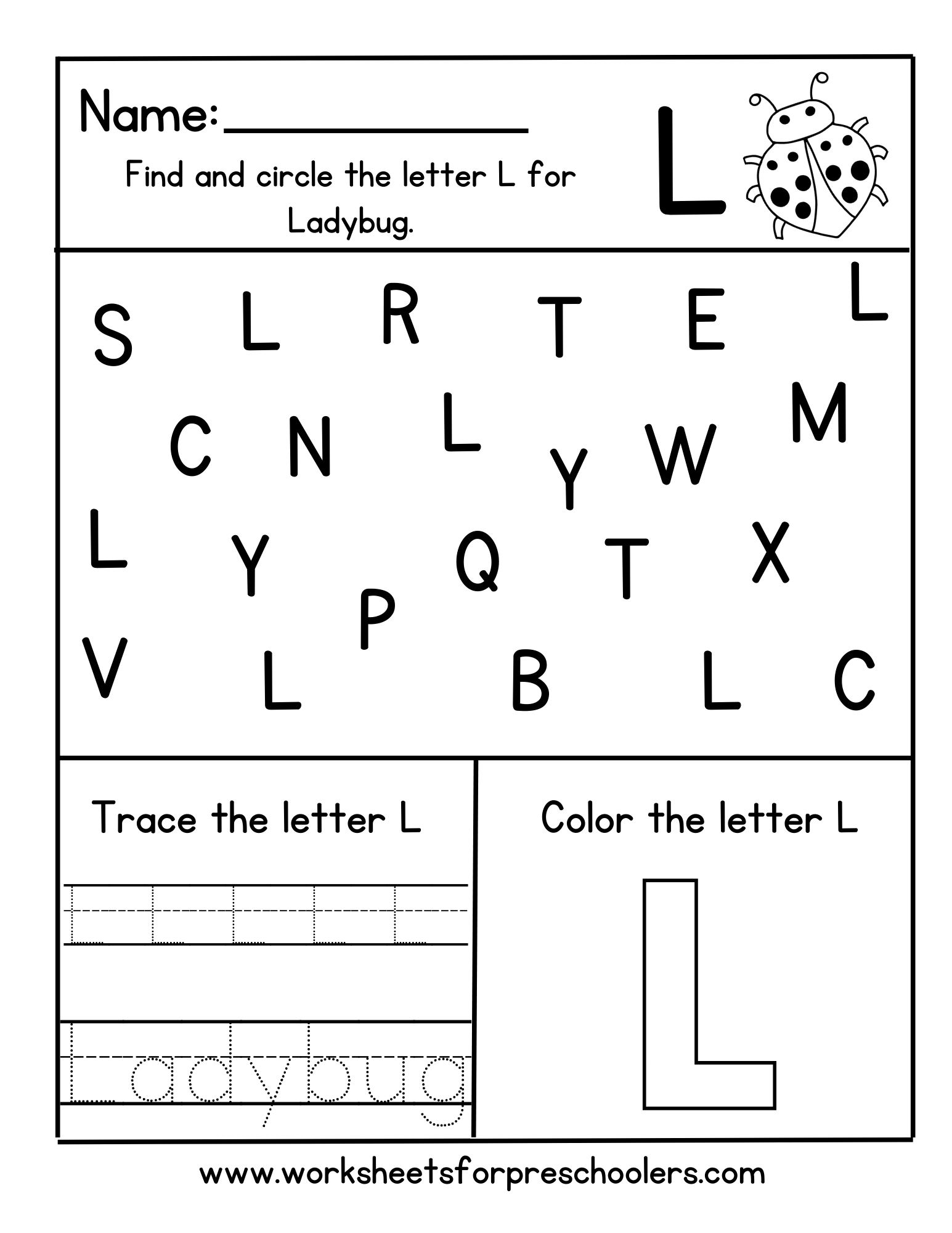 Find and Circle Letter L for Ladybug 