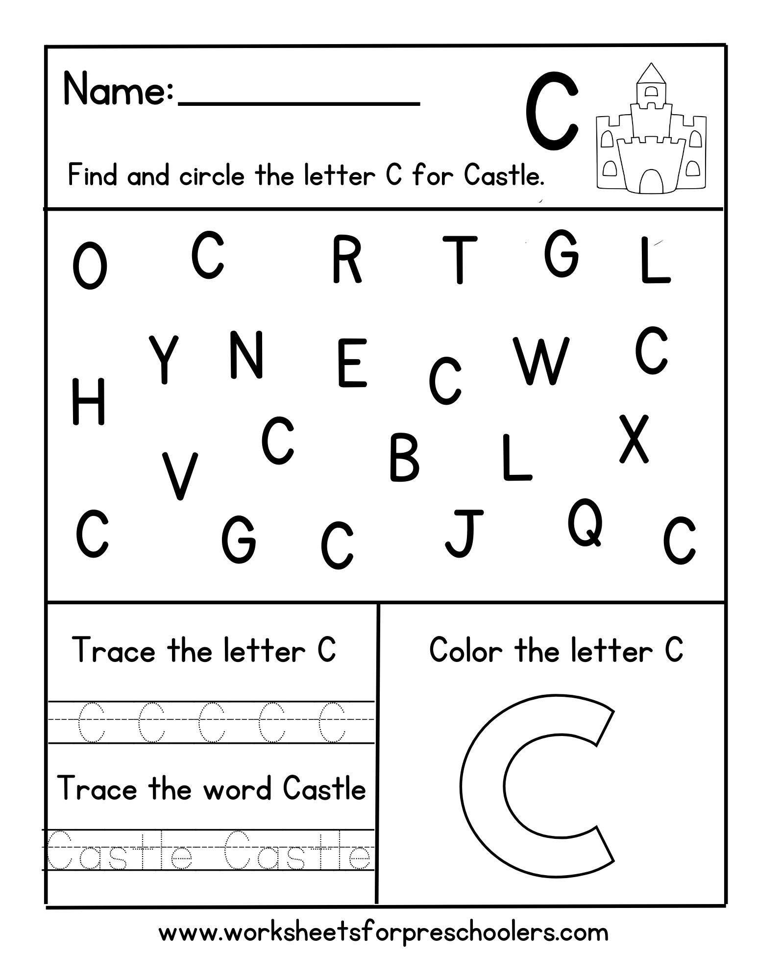 Find and Circle Letter C for Castle 