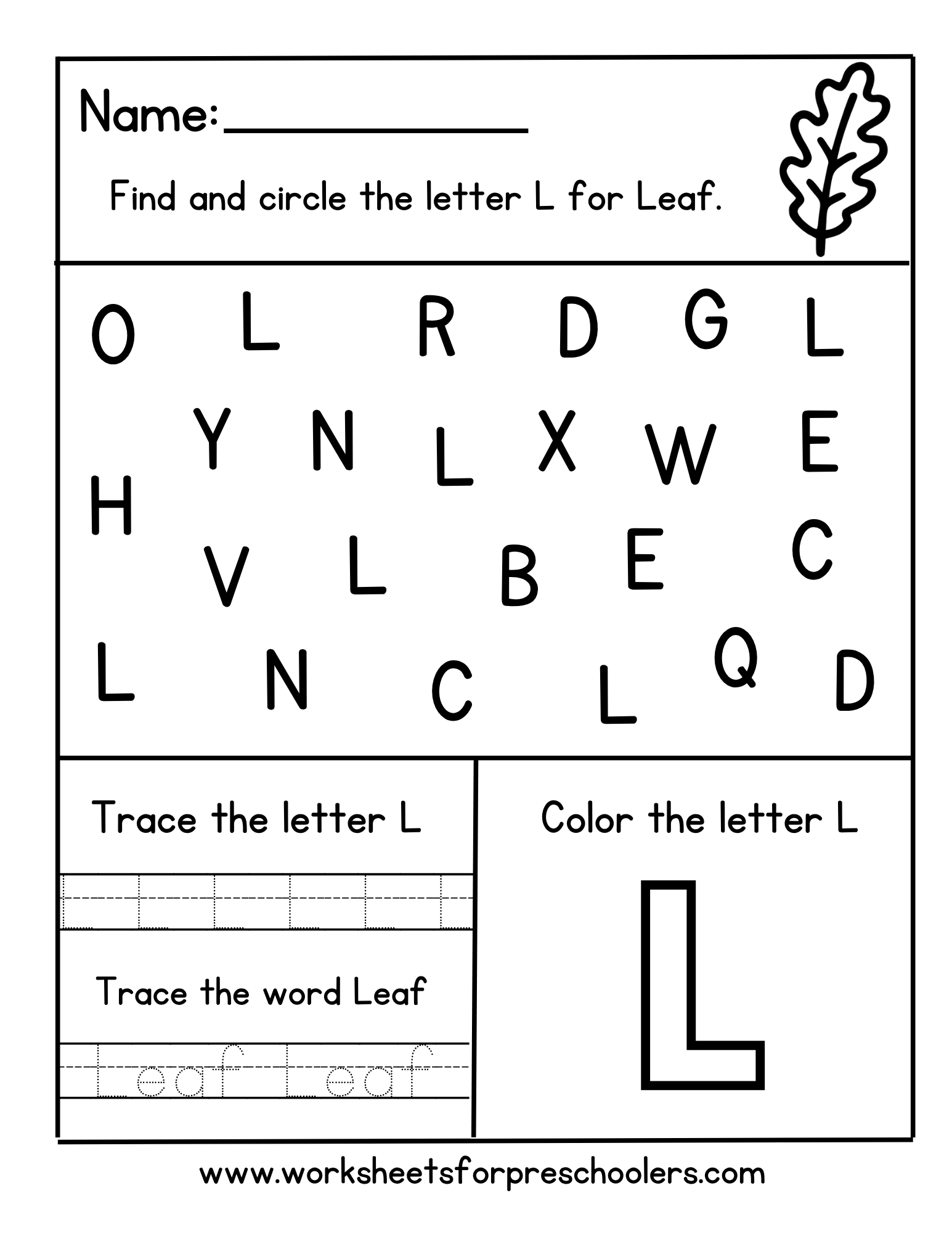 Letter L – Find, Trace & Color with an Oak Leaf 