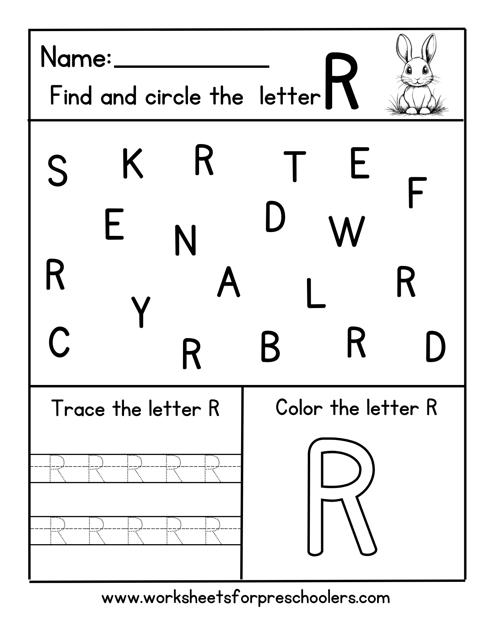 Find Trace Letter R for Rabbit Worksheet