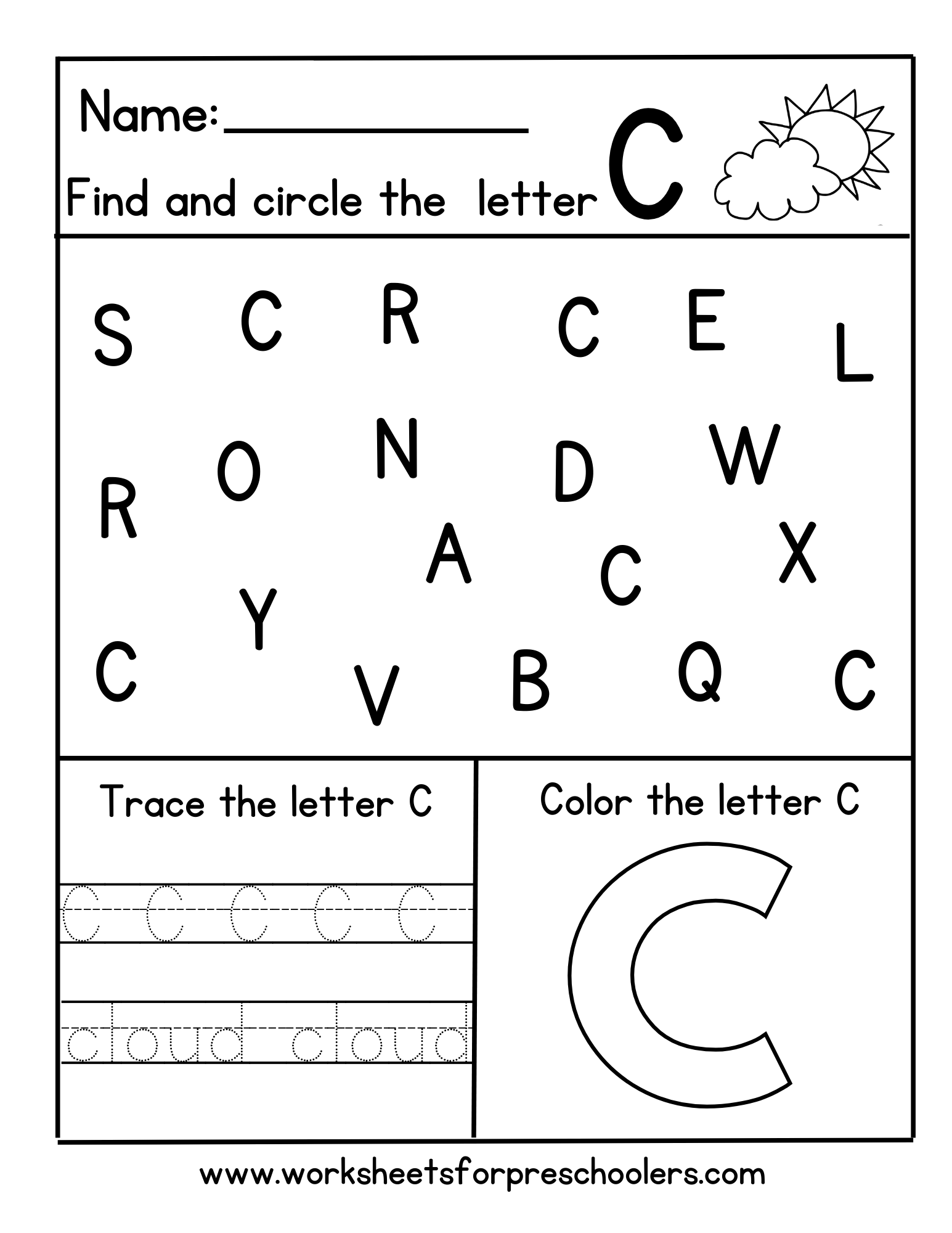 Find and Circle Letter C for Cloud Worksheet Find and Circle Letter C for Cloud Worksheet