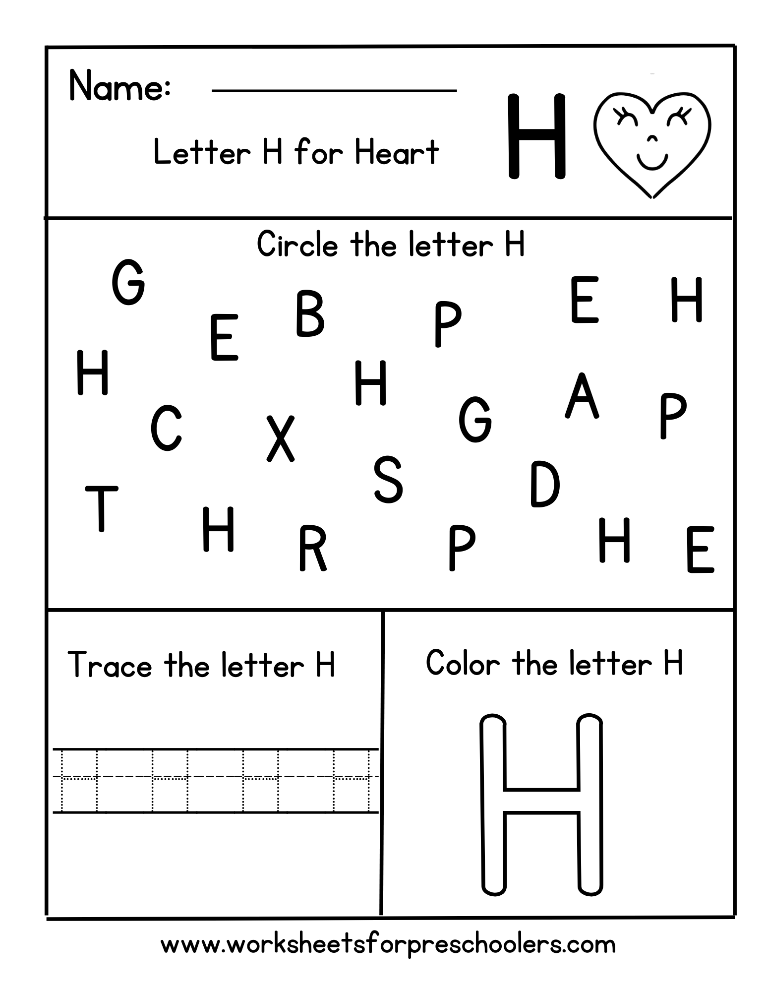 Find Trace Letter H for Heart Worksheet