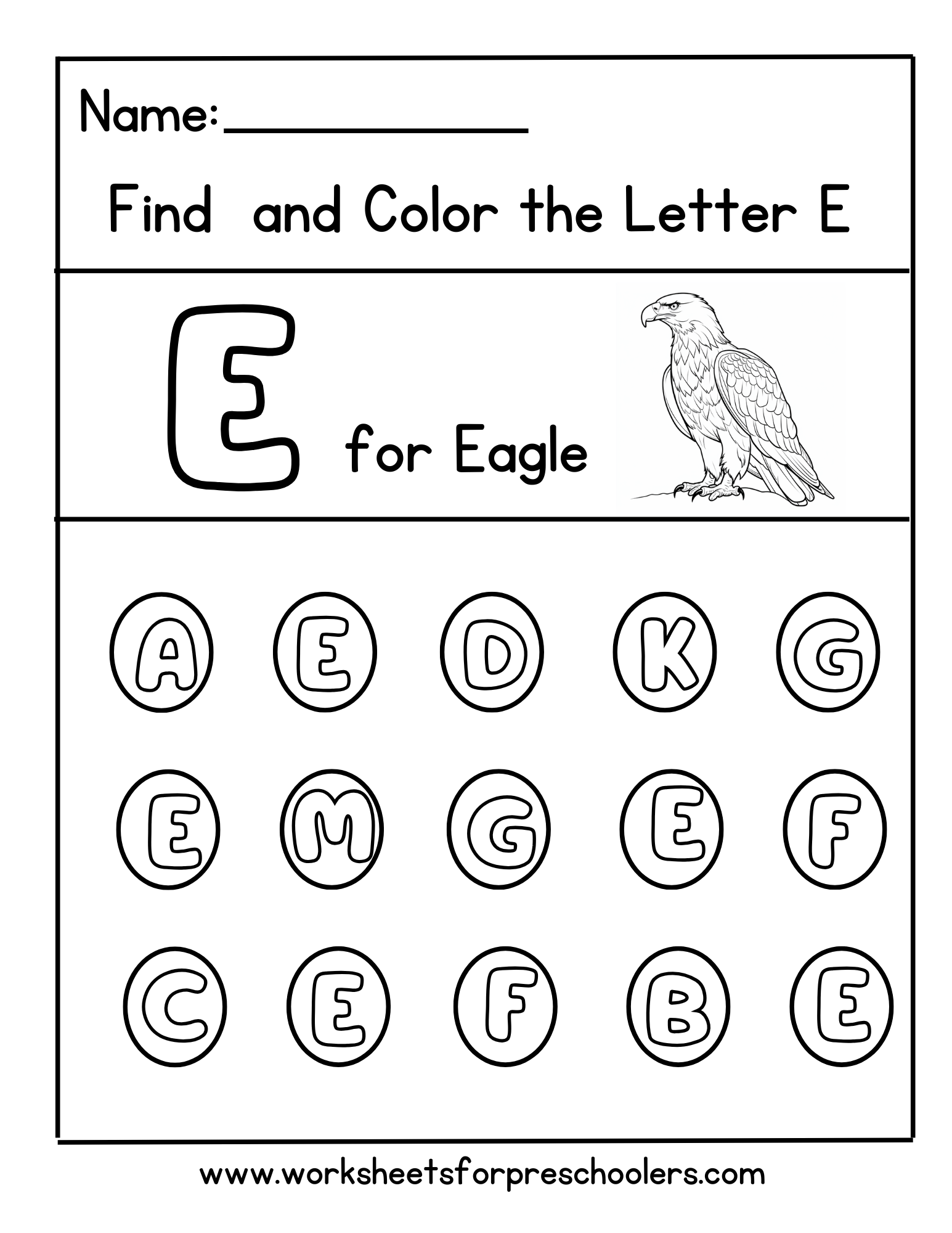 Find and Color Letter E for Eagle Worksheet
