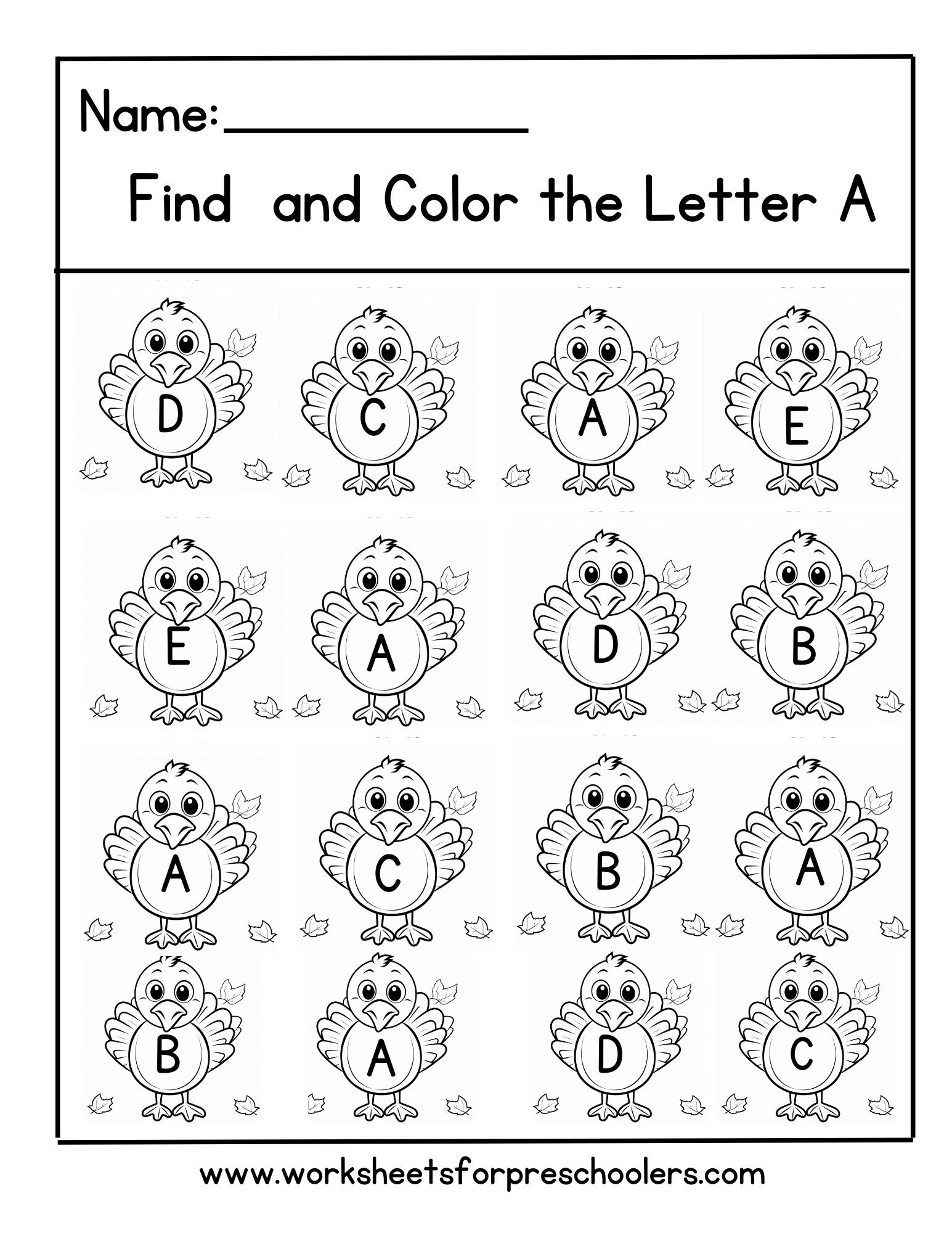 Preschool Find Letter A Activity Worksheet Turkey