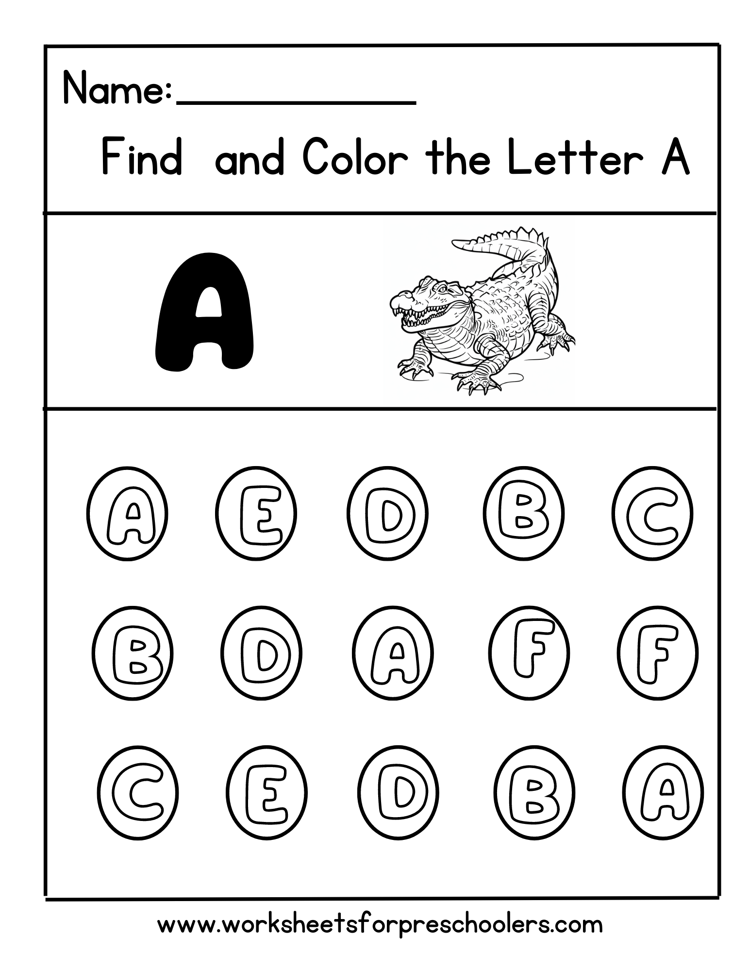 Preschool Find and Color Letter A Activity Worksheet Alligator