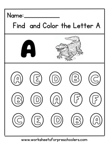Preschool Find and Color Letter E Activity Worksheet Alligator