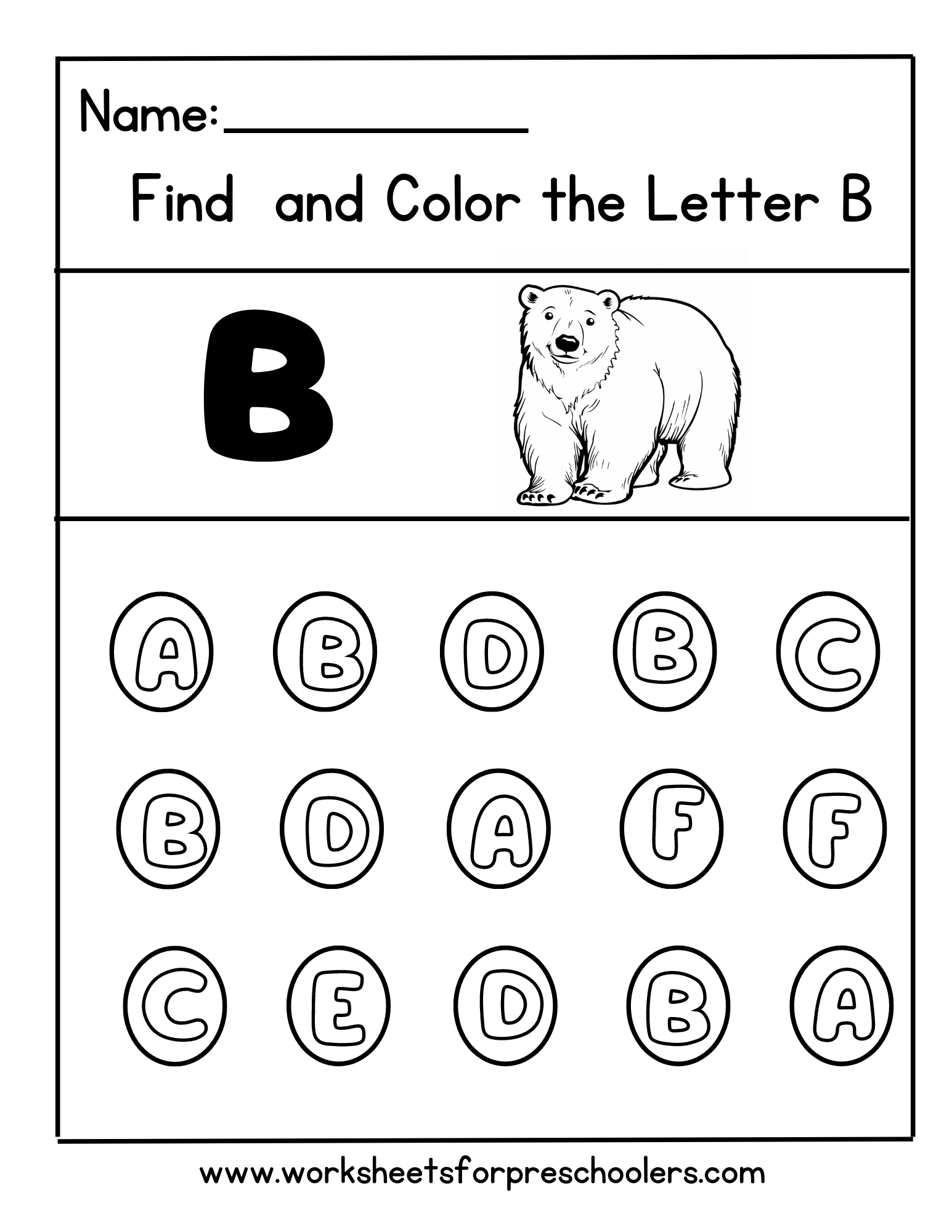 Find and Color Letter B for Bear Worksheet
