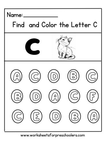 Preschool Find and Color Letter C Activity Worksheet Cat