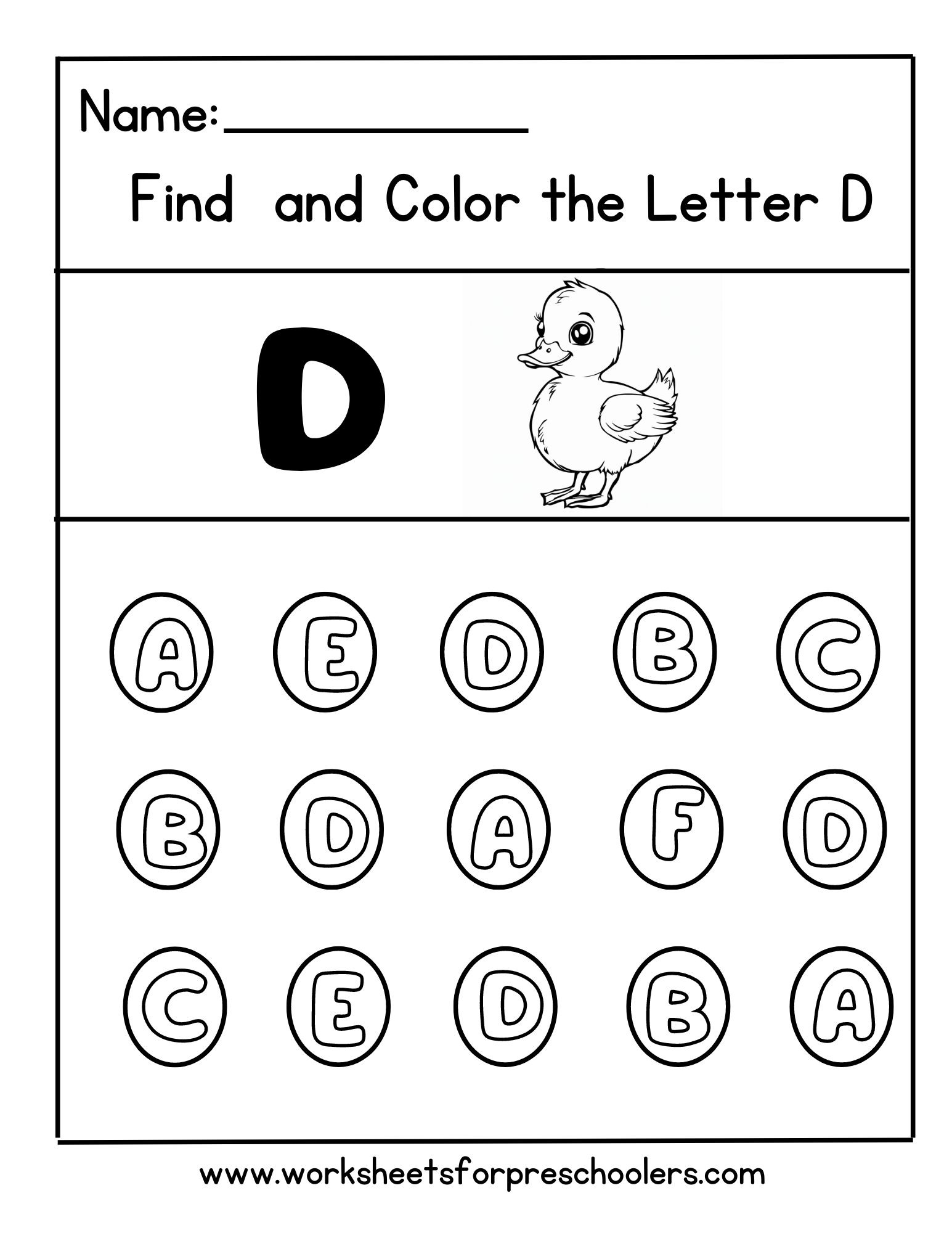 Preschool Find and Color Letter D Activity Worksheet Duck