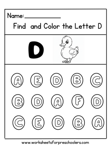 Preschool Find and Color Letter D Activity Worksheet Duck