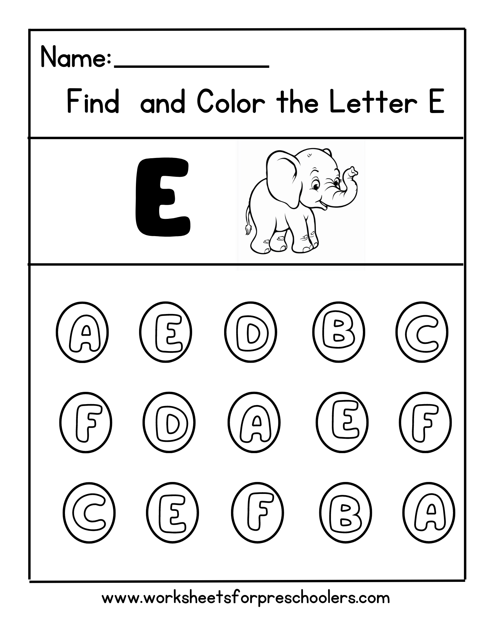 Preschool Find and Color Letter E Activity Worksheet Elephant