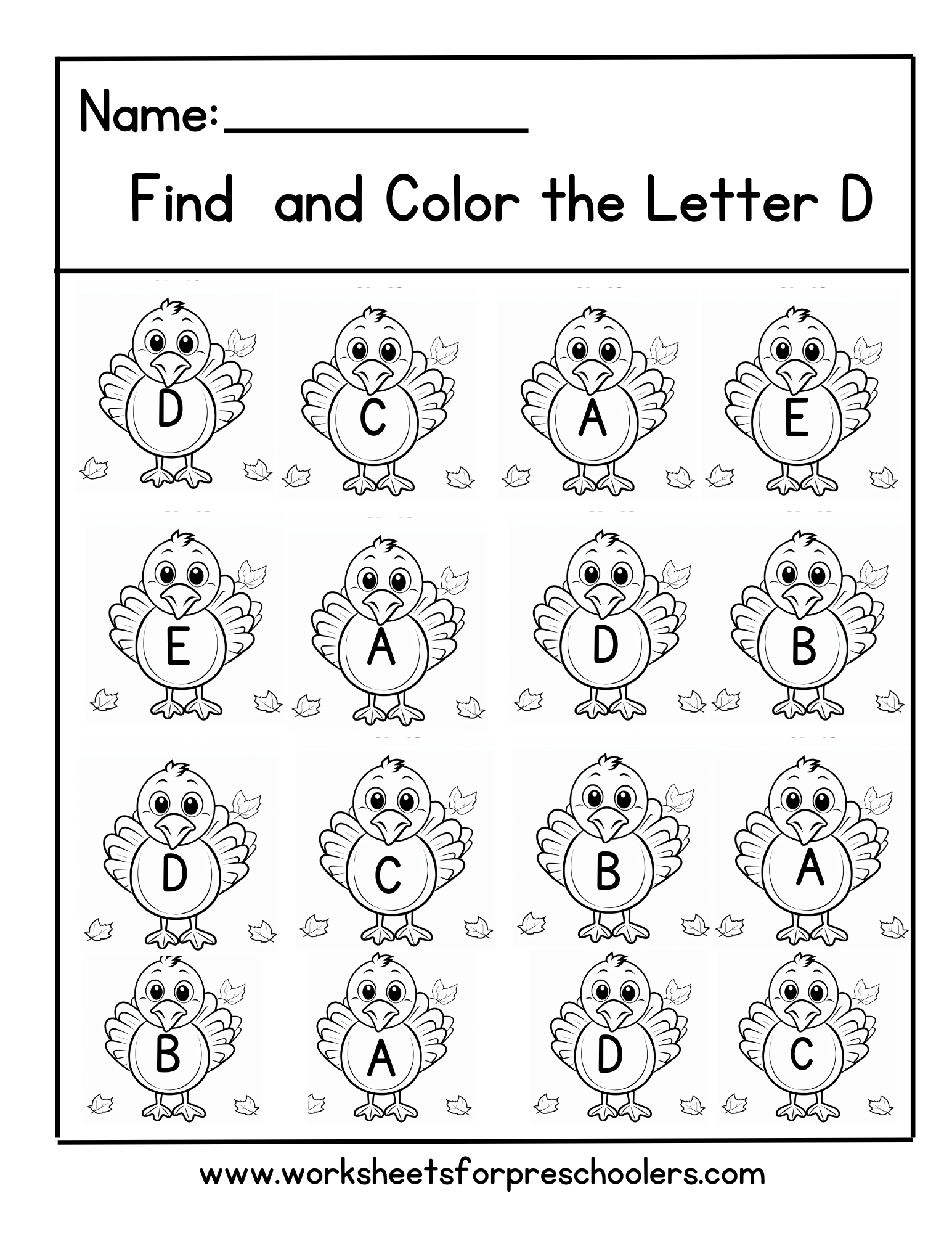 Preschool Find Letter D Activity Worksheet Turkey