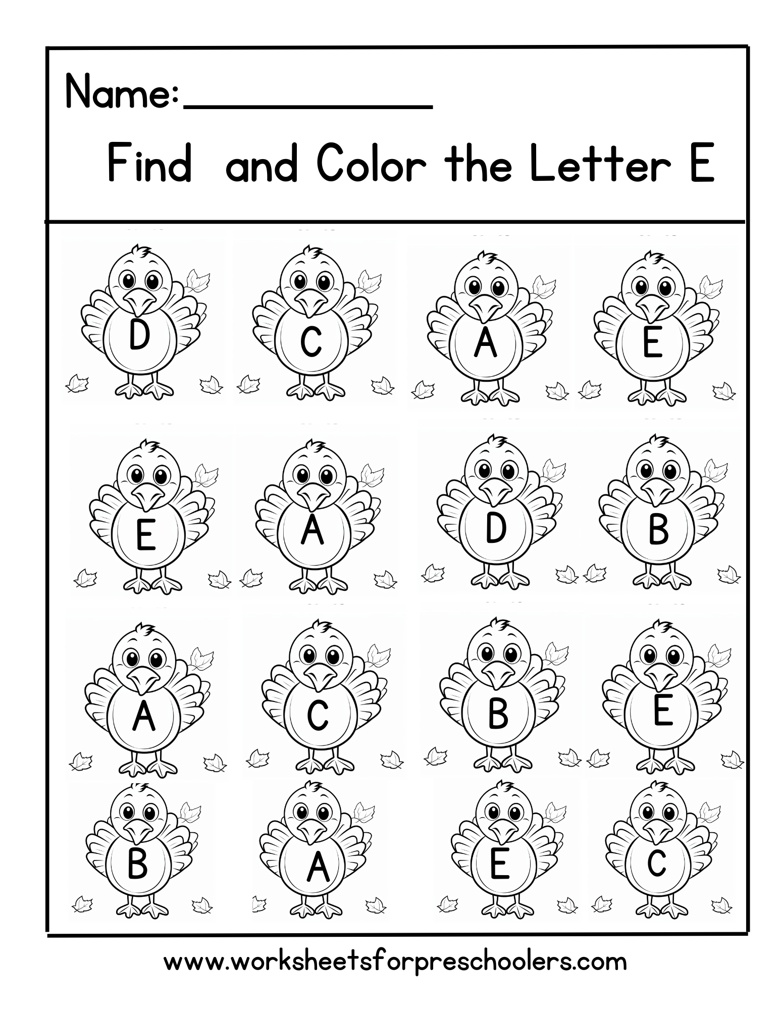 Preschool Find Letter E Activity Worksheet Turkey