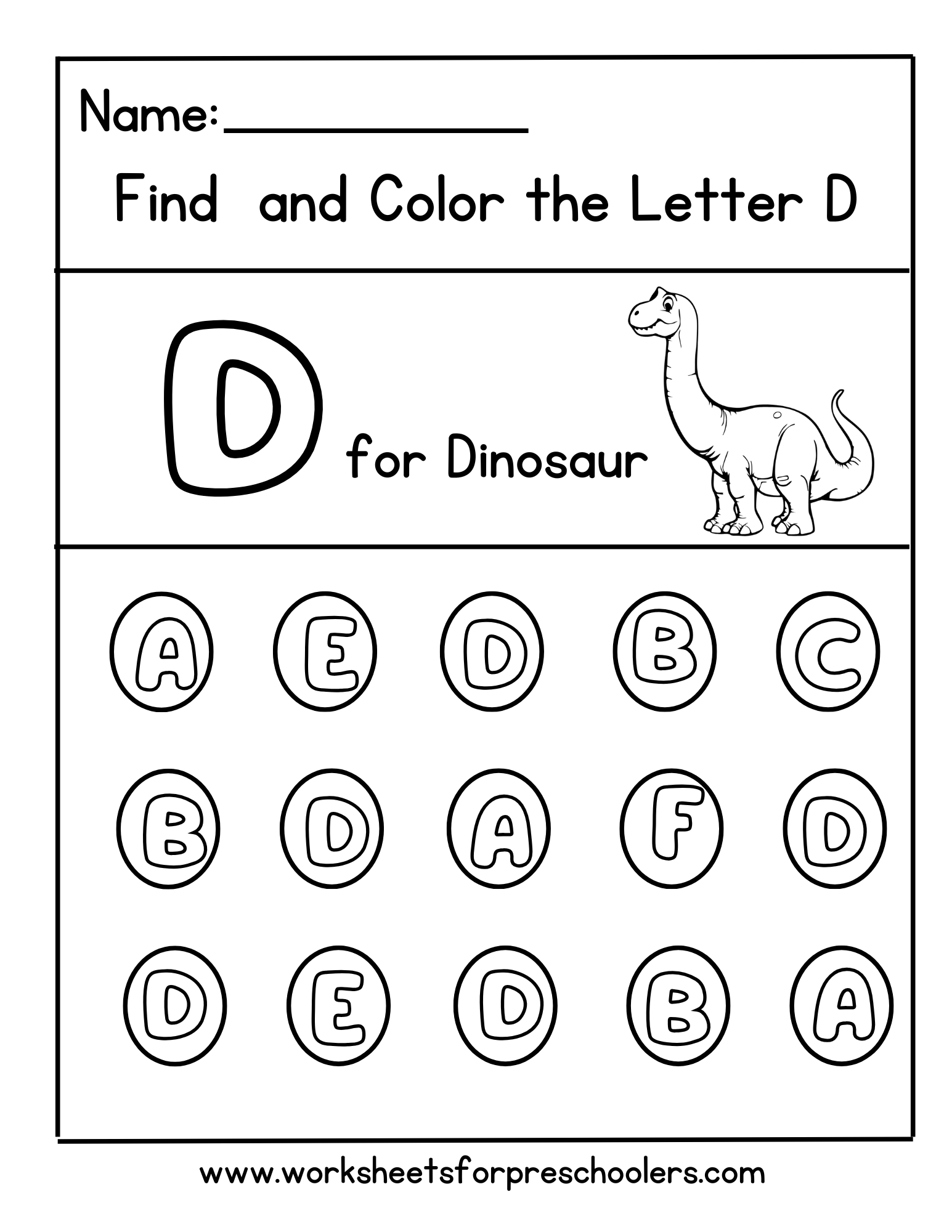 Find and Color Letter D for Dinosaur