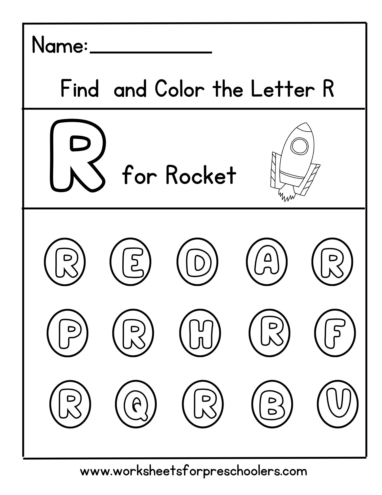 Find and Color R for Rocket Sheet