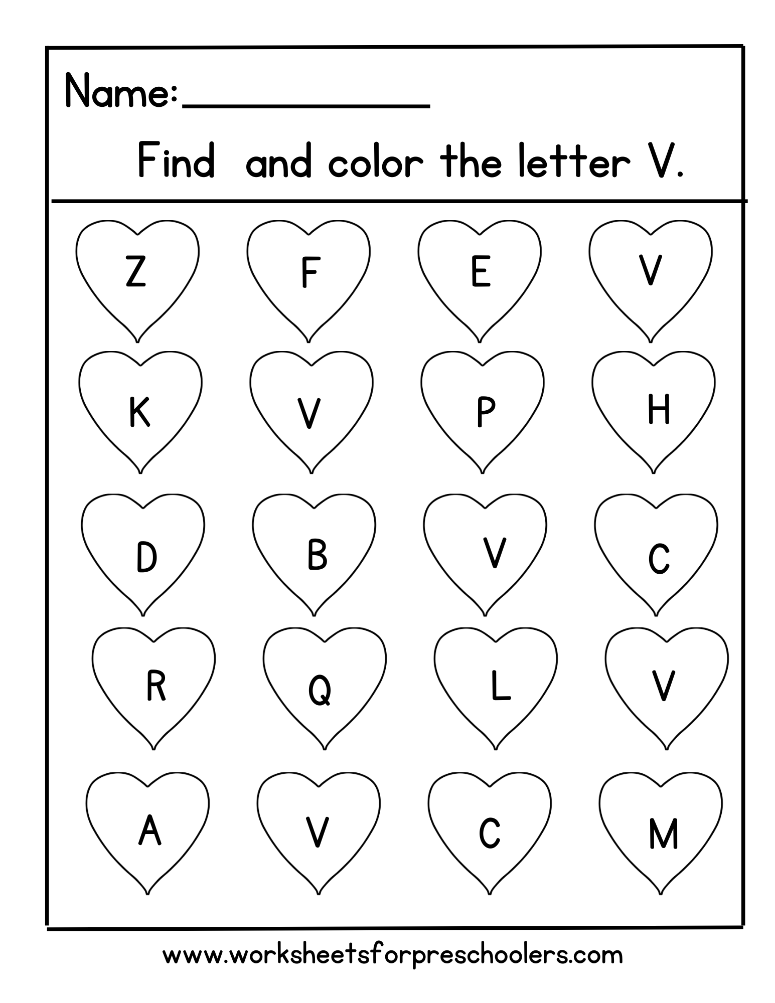 Valentine Find and Color Letter V  Worksheet