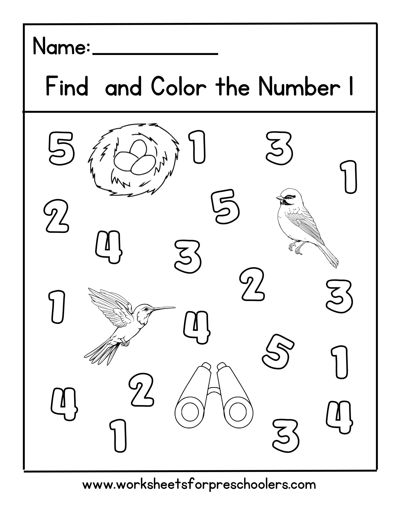 Birdwatching Find and Color Number 1 Worksheet