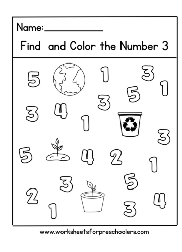 Earth Day Find and Color Number 3 Worksheet