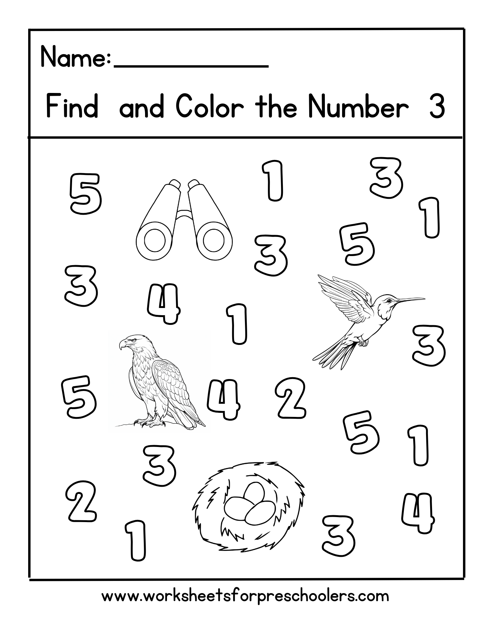 Birdwatching Find and Color Number 3 Worksheet