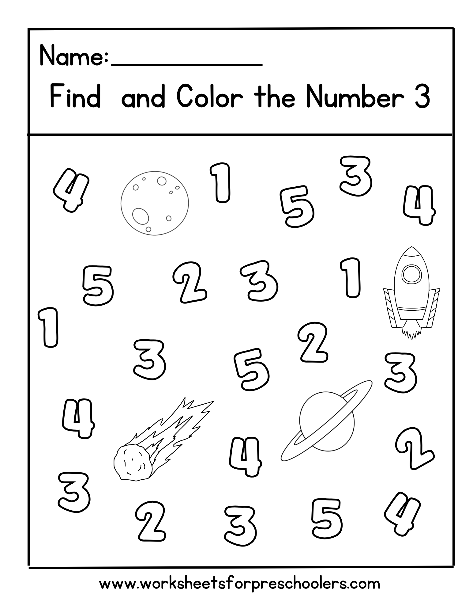 Space Find and Color Number 3 Worksheet, Space Find and Color Number 3 Worksheet,