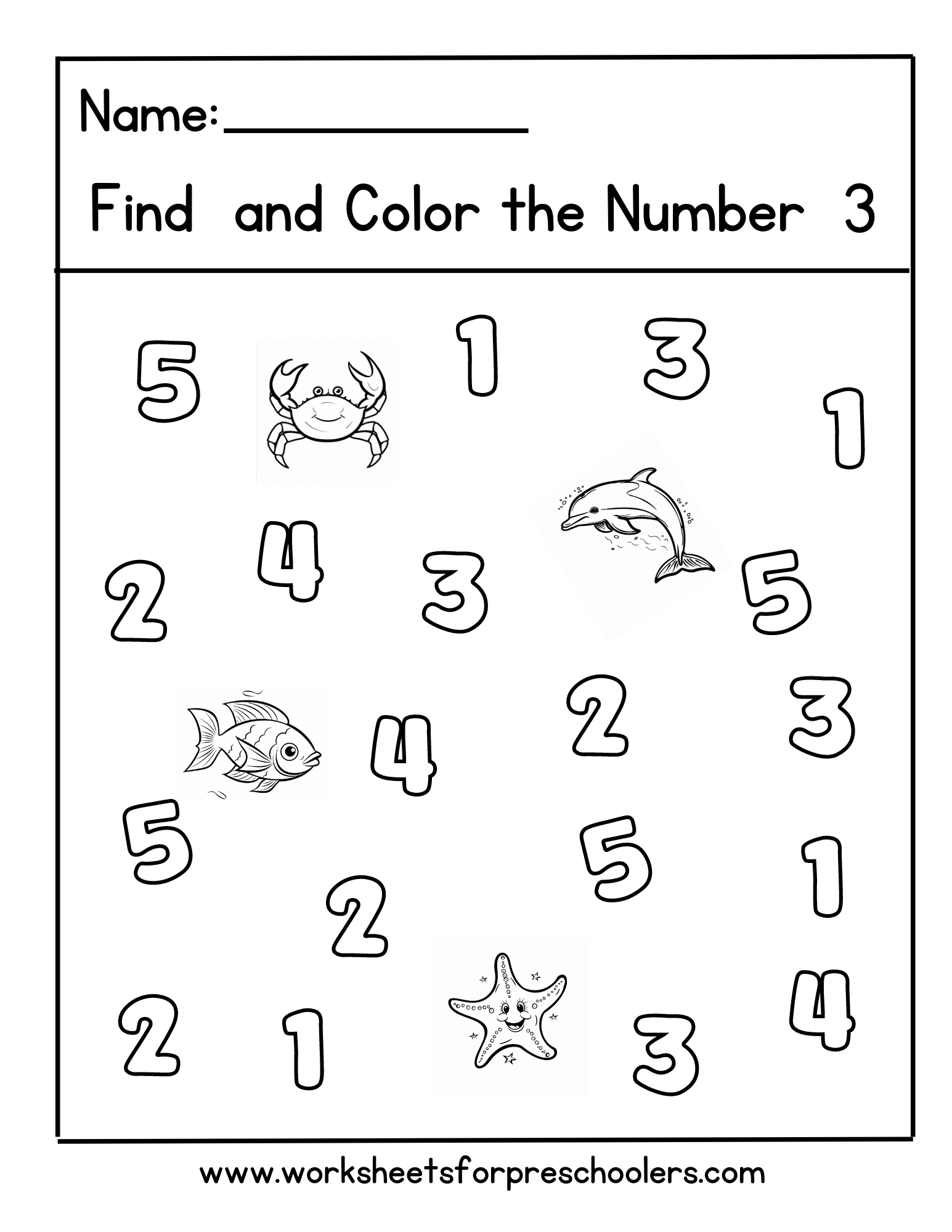 Ocean Find and Color Number 3 Worksheet