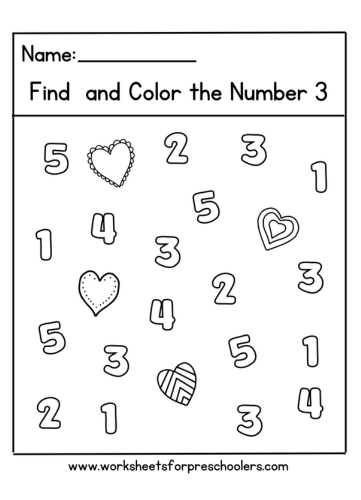 Valentine Find and Color Number 3 Worksheet