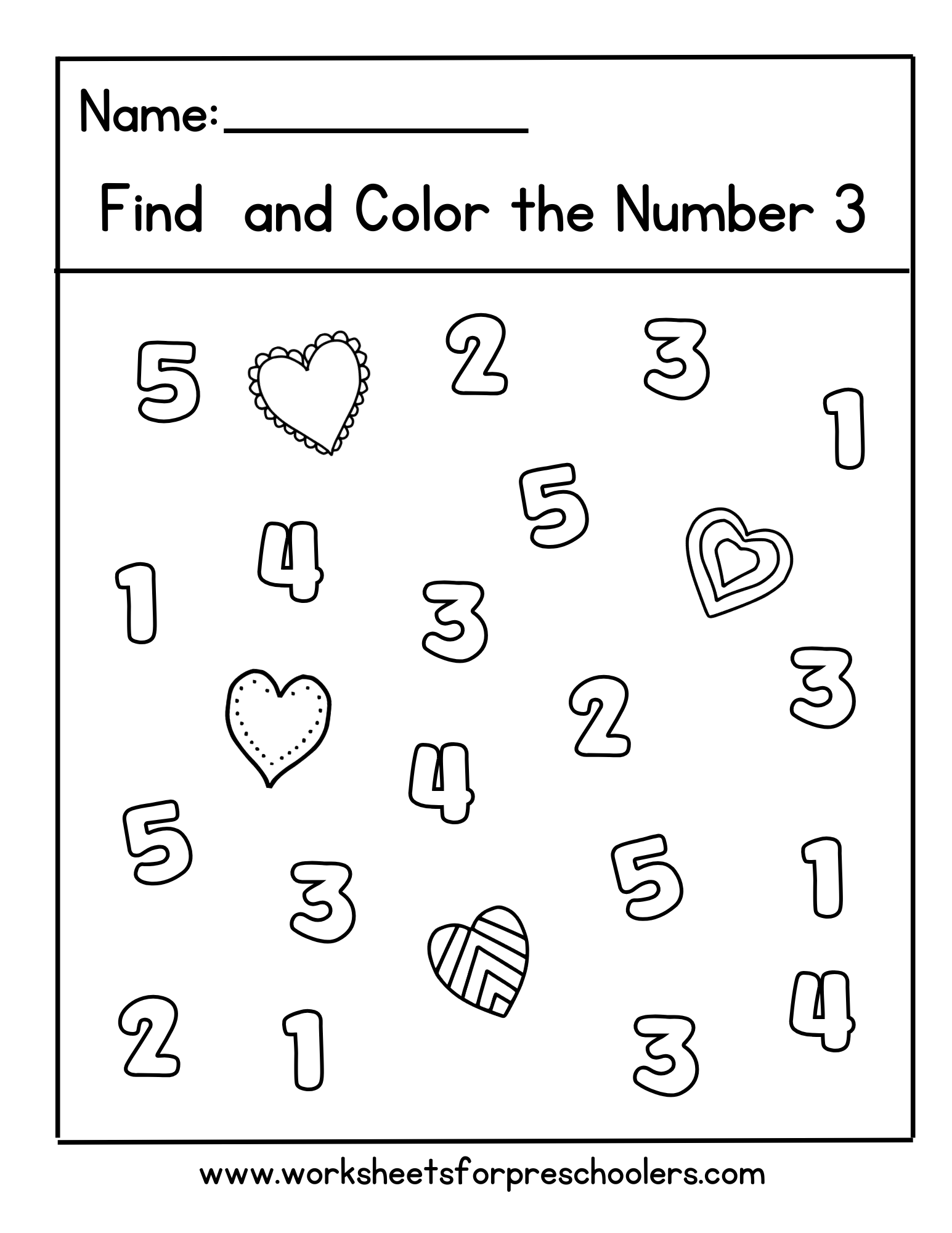 Valentine Find and Color Number 3 Worksheet