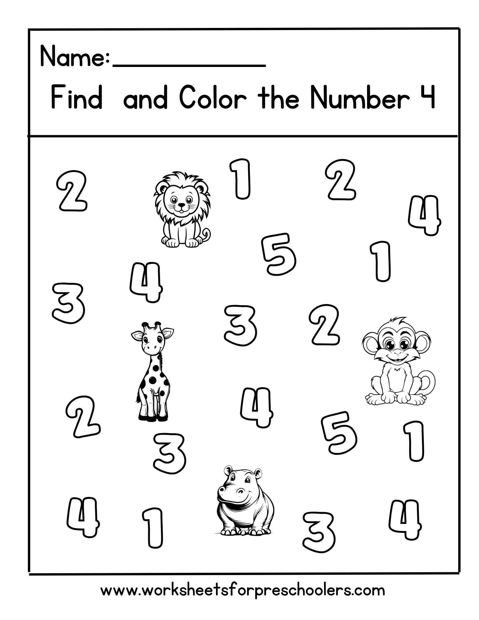 Jungle Animal Find and Color Number 4 Worksheet