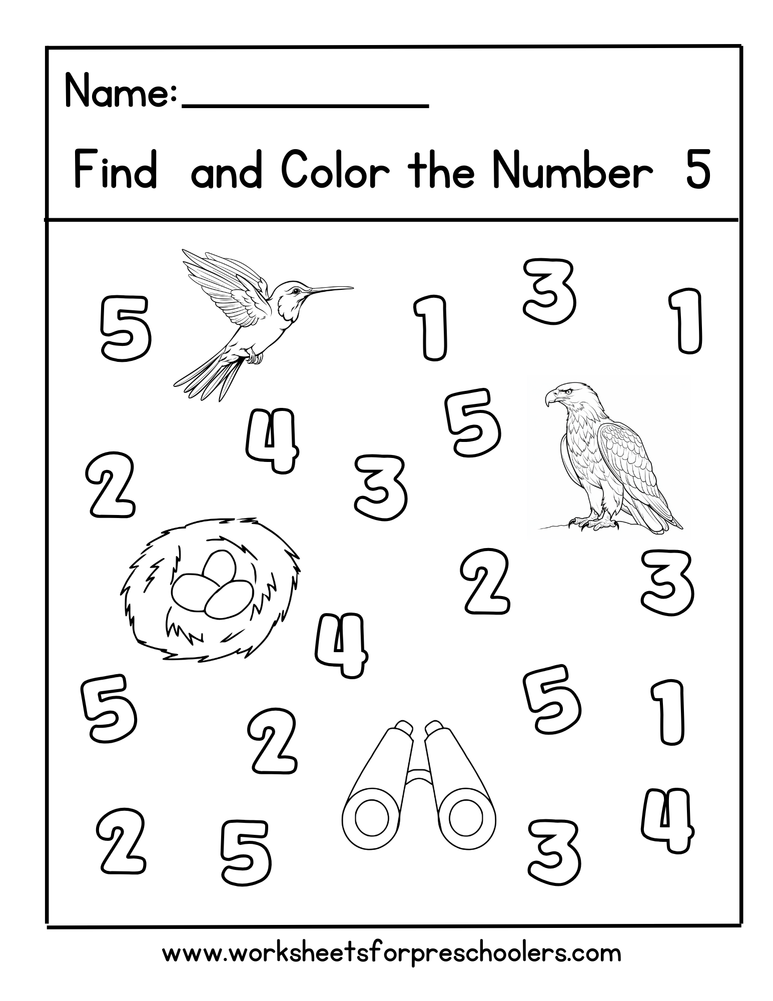 Birdwatching Find and Color Number 5 Worksheet