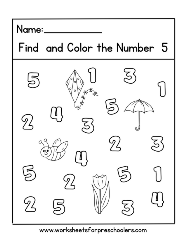 Spring Find and Color Number 5 Worksheet
