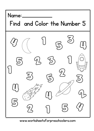 Space Find and Color Number 5 Worksheet,