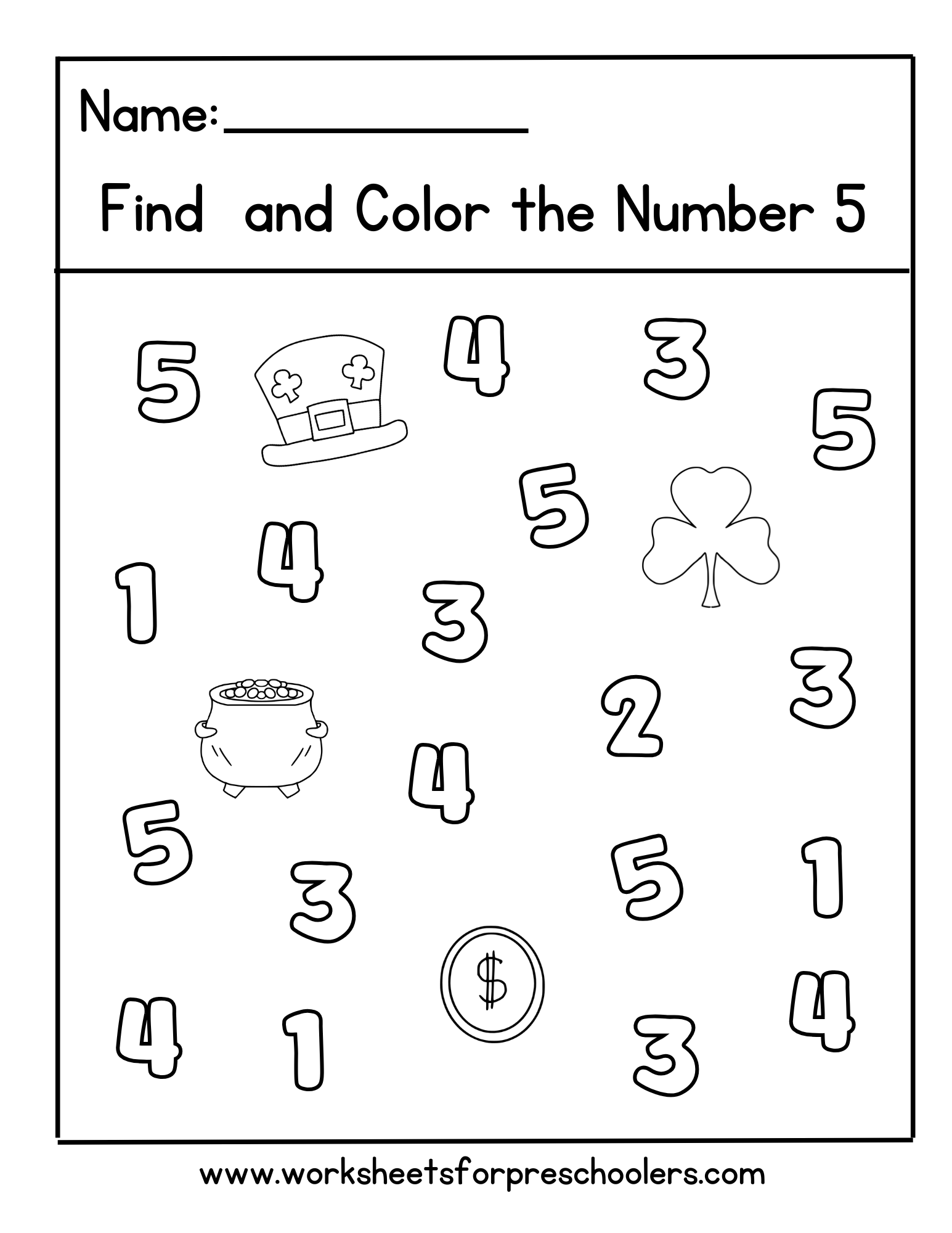 St Patrick Find and Color Number 5 Worksheet