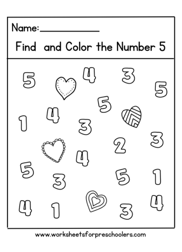 Valentine Find and Color Number 5 Worksheet