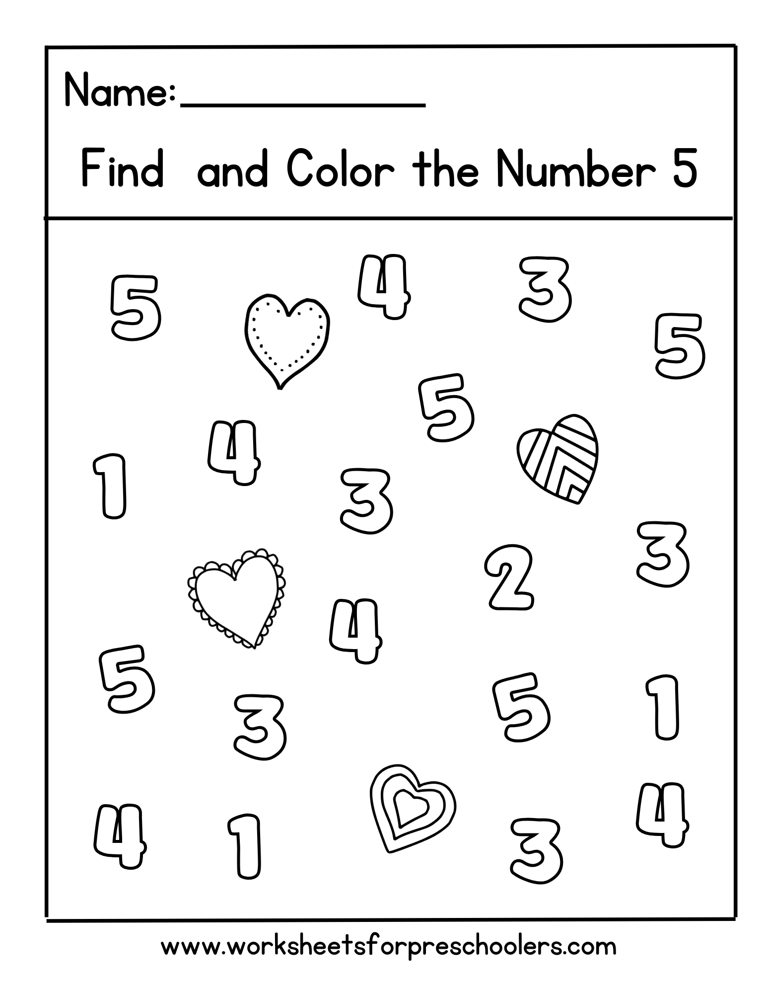 Valentine find and color number 5 worksheet