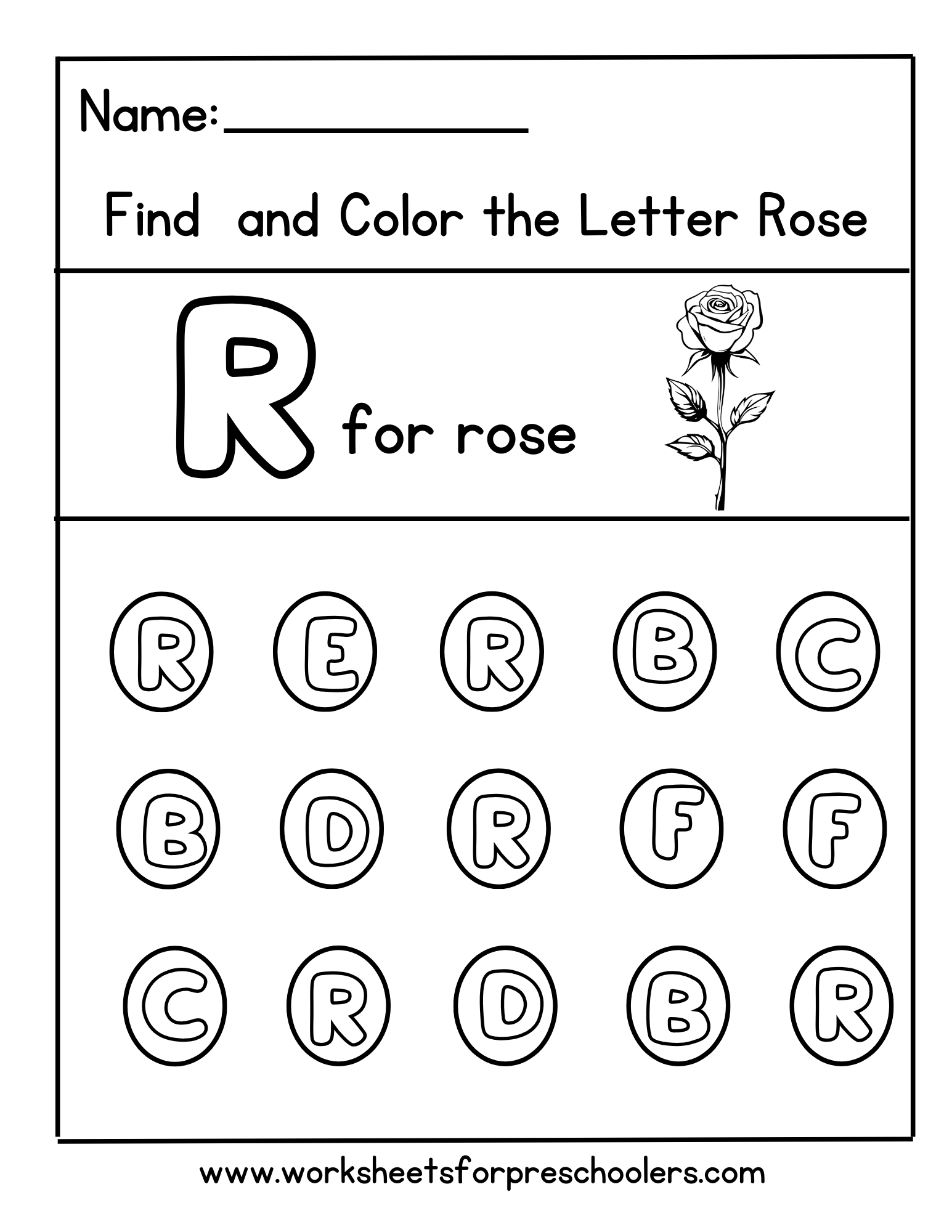 Find and Color Letter R for Rose Worksheet,