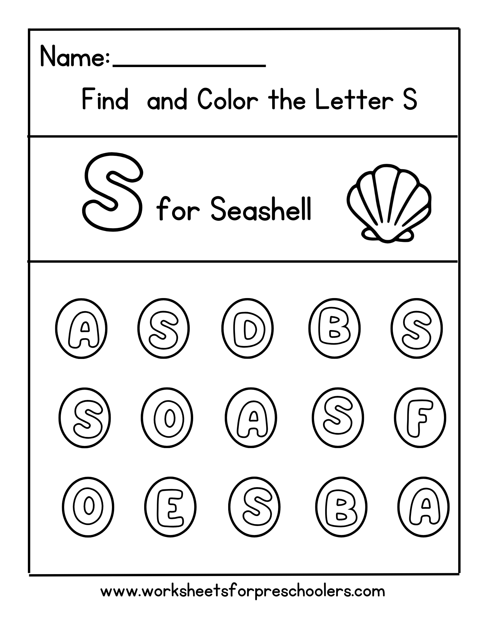 Find and Color the Letter S – Seashell Worksheet Find and Color the Letter S – Seashell Worksheet